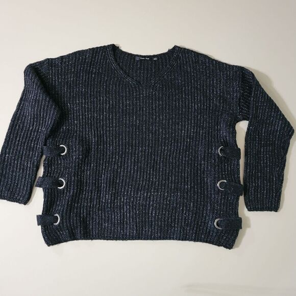 Doe & Rae Women's Black Marled V-neck Long Sleeve Sweater - Picture 4 of 14